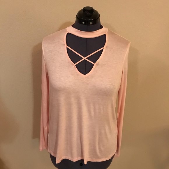 Mock neck, keyhole, crisscross long sleeve top. - Picture 2 of 5